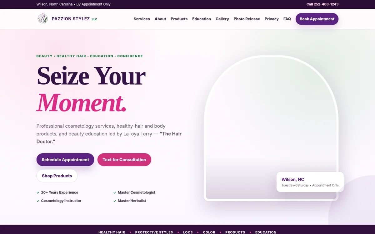 Pazzion Stylez website preview showing the finished responsive salon website